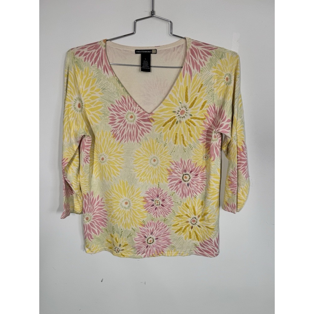 Sweaterworks Silk Blend Floral Spring Pullover Sweater Women's L Beaded V-Neck